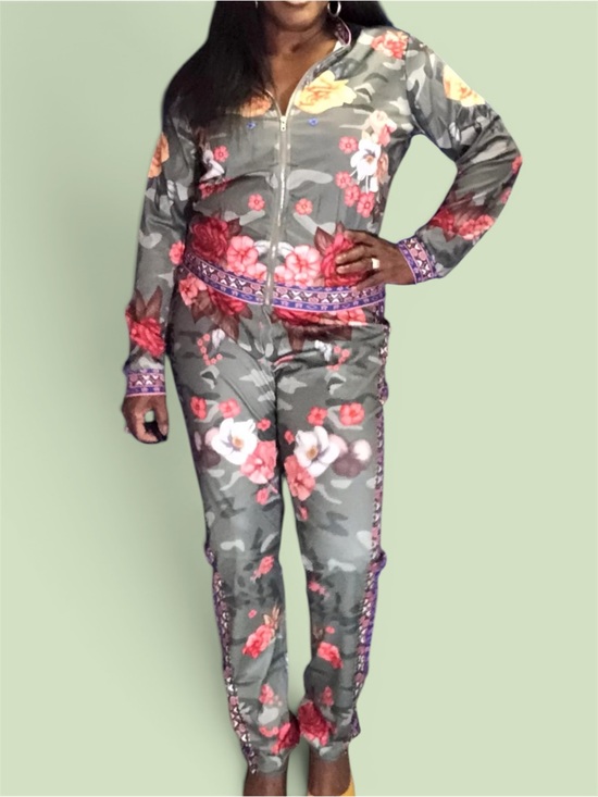 Pants - Camo Floral Boho Two-Piece Set Fitted Tracksuit Green Small